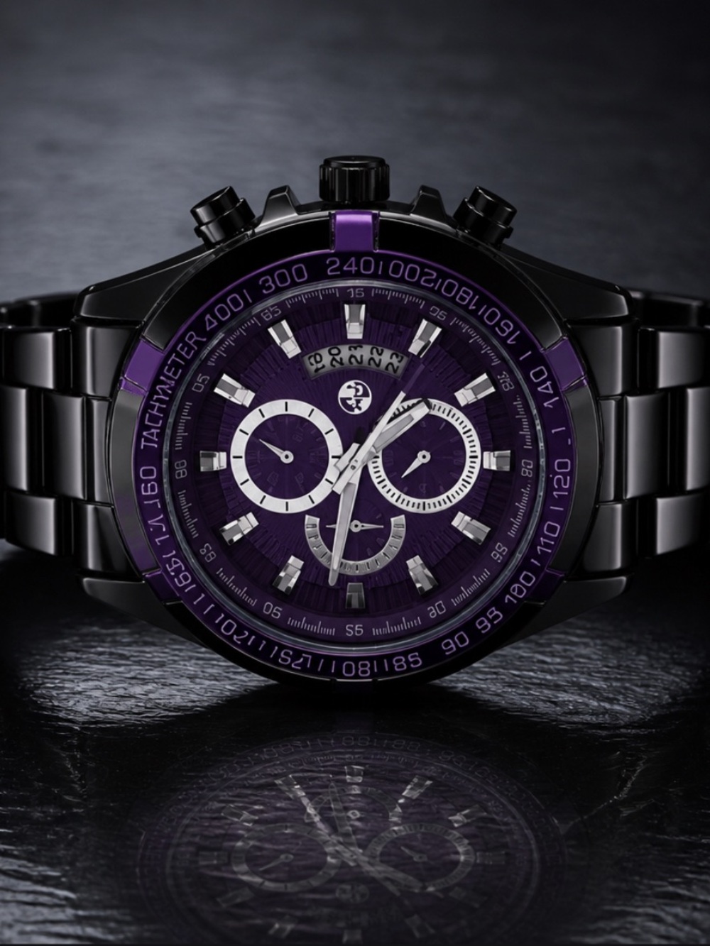 Black Men's Chronograph Watch with Purple Dial